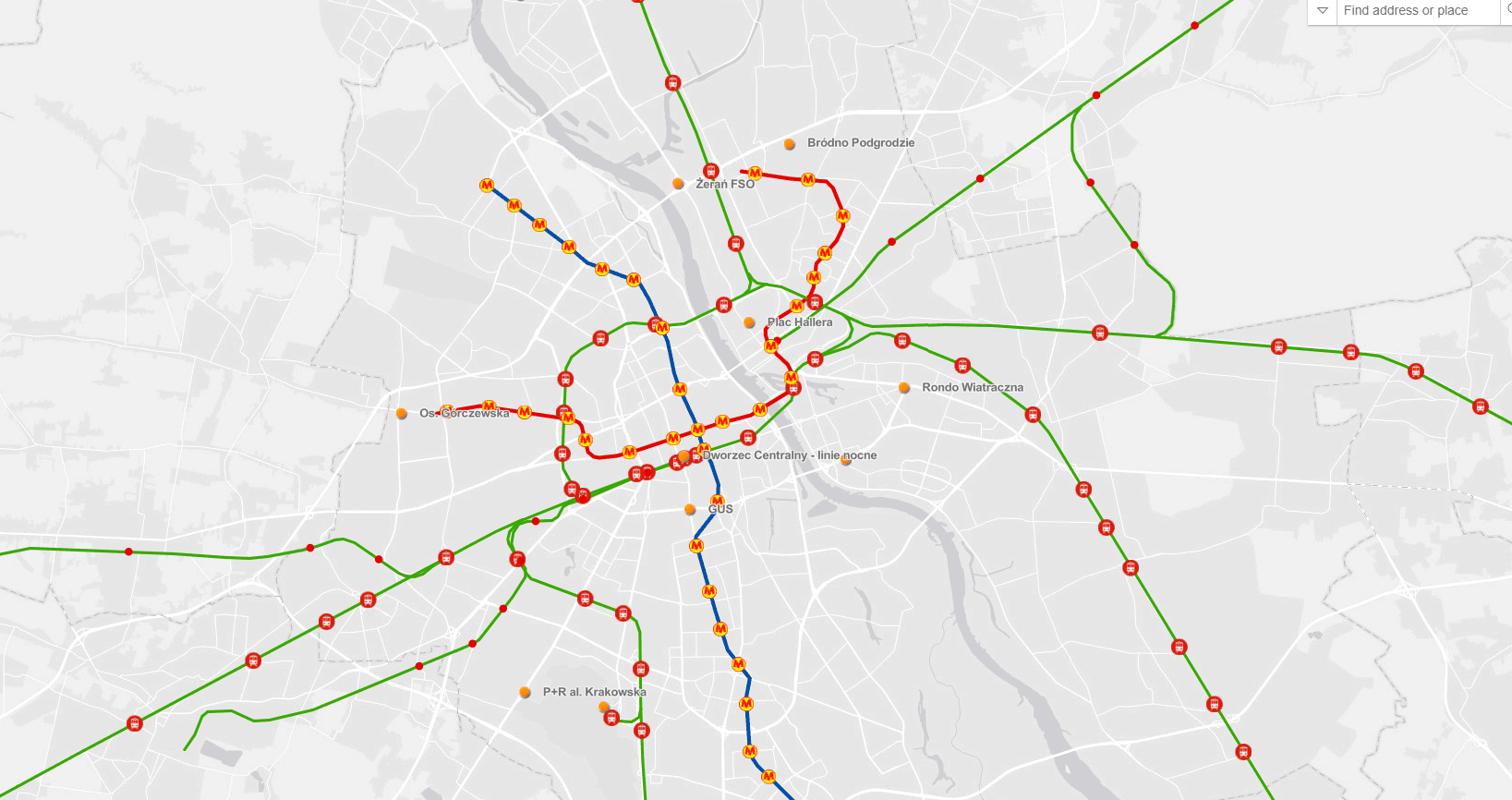 Map bus transport Warsaw