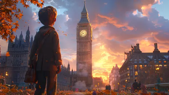 a boy looking at a clock tower London