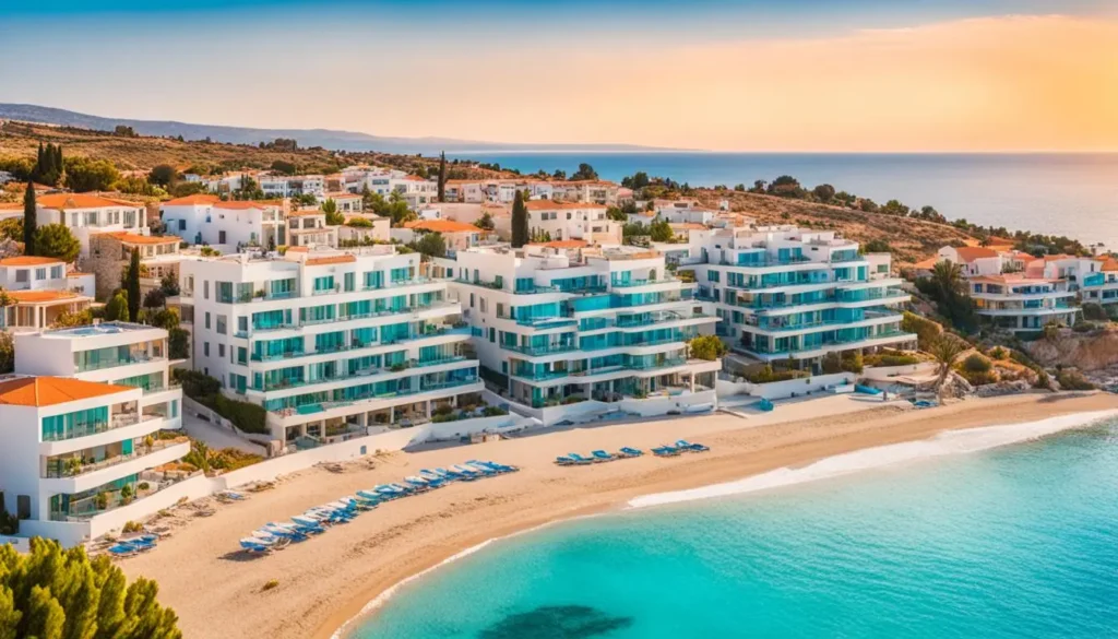 A panoramic view of a picturesque coastal town in Cyprus, with a pristine beach and turquoise waters in the foreground. The image features several luxurious villas and apartments with modern architecture and lush gardens in the background, hinting at the lucrative real estate investment opportunities in the region. The sky is clear